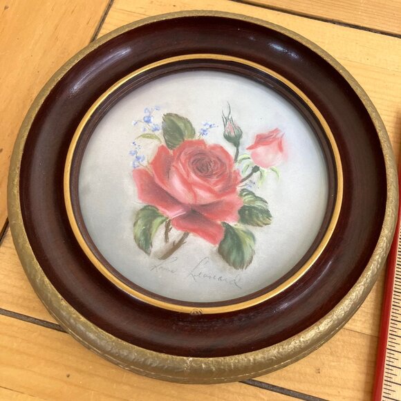 Rose Flower Original Pastel Art Signed Round Gesso Picture Frame Vintage Setof 2 - Picture 5 of 7